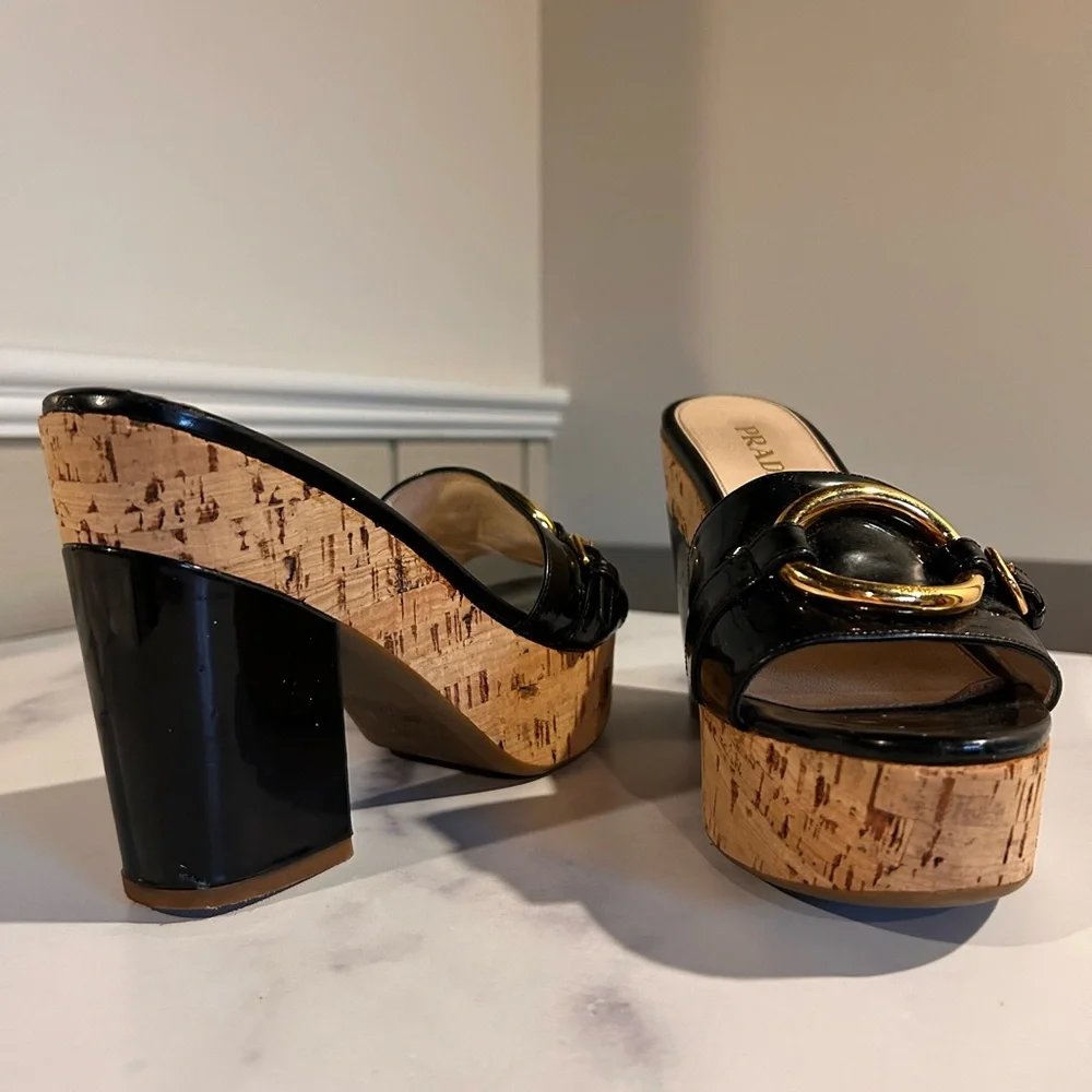 Prada Cork Platform Horsebit Patent Leather Slides 37 - Picture 9 of 10